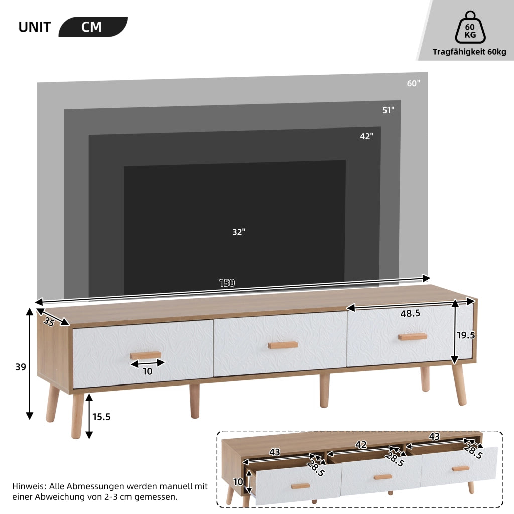 Mobile TV vintage 150 cm con 3 cassetti, finitura legno chiaro e dettagli bianchi
