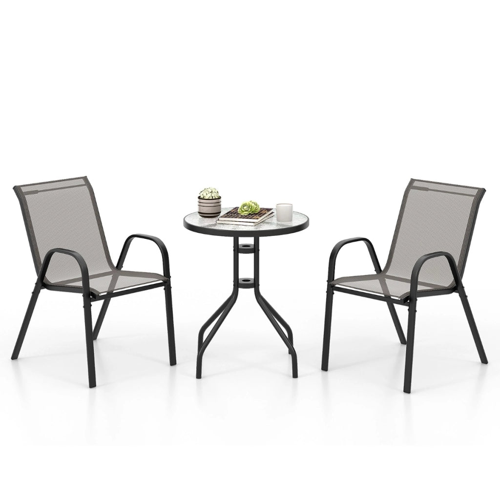 Set bistrot da esterno 3 pezzi, Tavolino rotondo con 2 sedie impilabili piano tavolo in vetro temperato Grigio-Set mobili da esterno