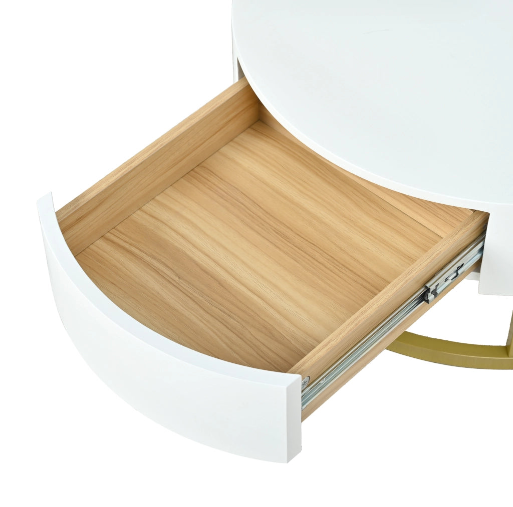 Set di 2 tavolini rotondi a incastro in MDF; piano elevabile; cassetto; bianco e oro