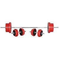 Set Bilanciere e Dischi 65kg totali per Workout in Casa, in Metallo, Sabbia di Ferro e Gomma, Rosso