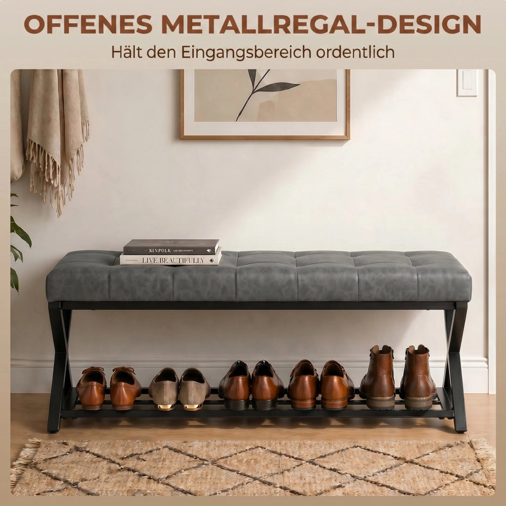 Panca ingresso con ripiani e appendiabiti, imbottita in similpelle ¨C Xylo ¨C 112x37x47 cm, grigio scuro
