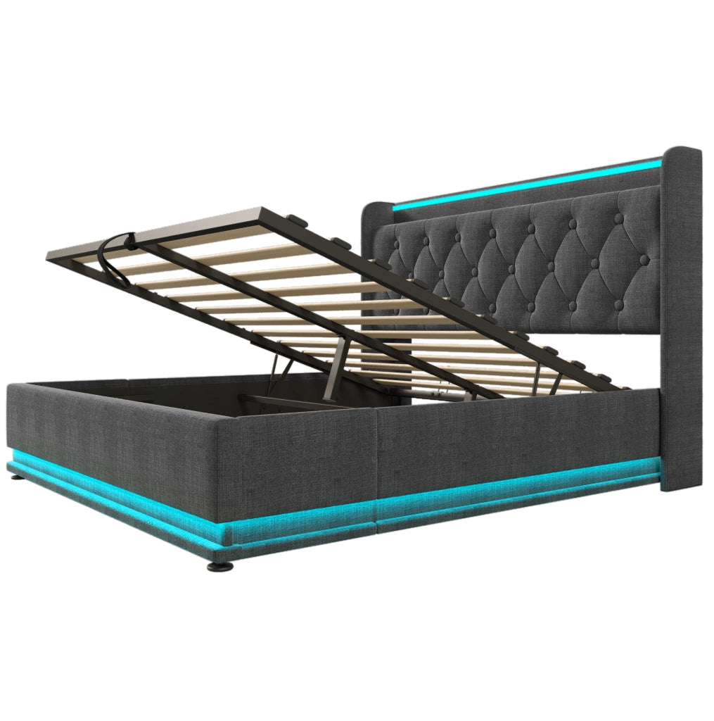 Letto matrimoniale imbottito 140x190 cm in lino grigio con LED 360掳; USB e contenitore idraulico