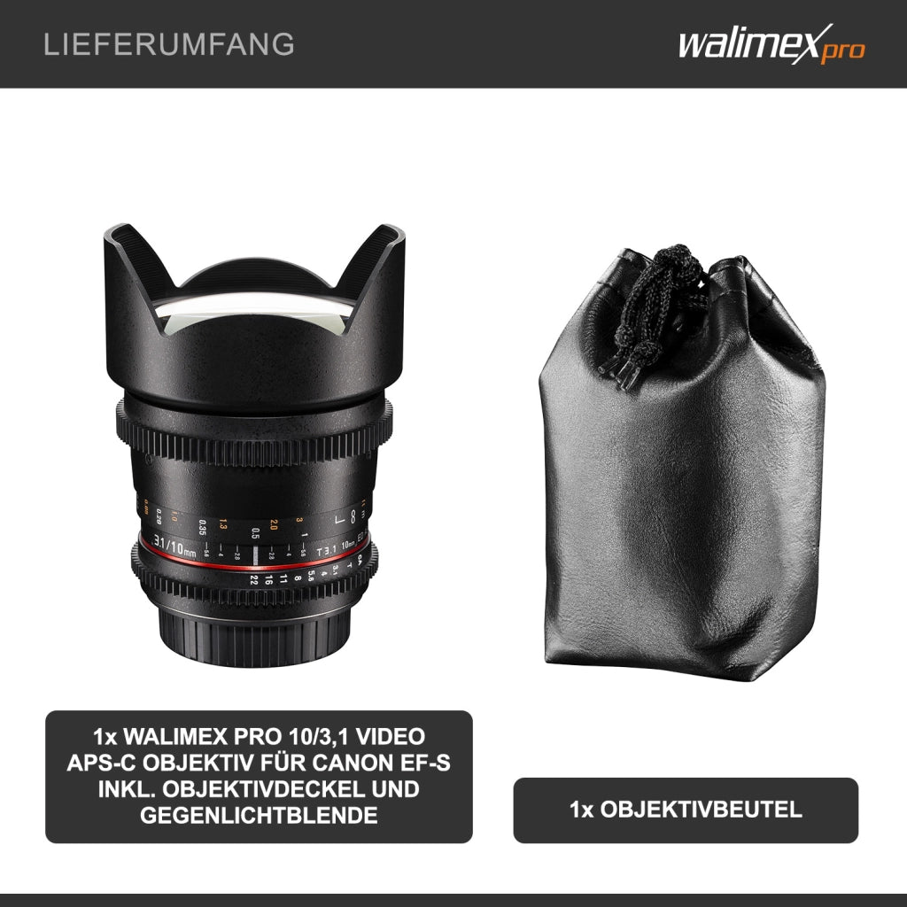 Walimex Pro 10mm 1:3.1 VCSC obiettivo grandangolare (incluso paraluce, IF, ghiera, diaframma e messa a fuoco) per Canon EF-S baionetta nera