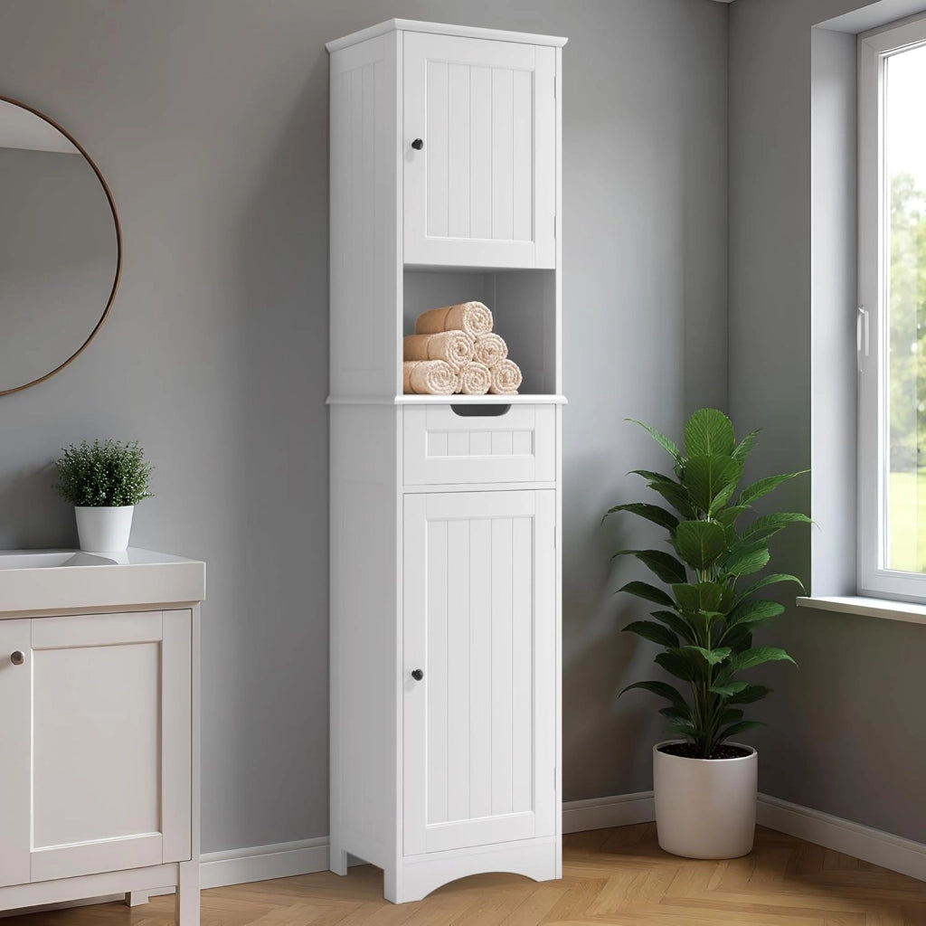 Mobiletto da Bagno Alto con Ripiani Regolabili, Cassetto, Scomparto Aperto, Porte Magnetiche e Protezione Antiribaltamento – 170 x 40 x 30 cm (Bianco)