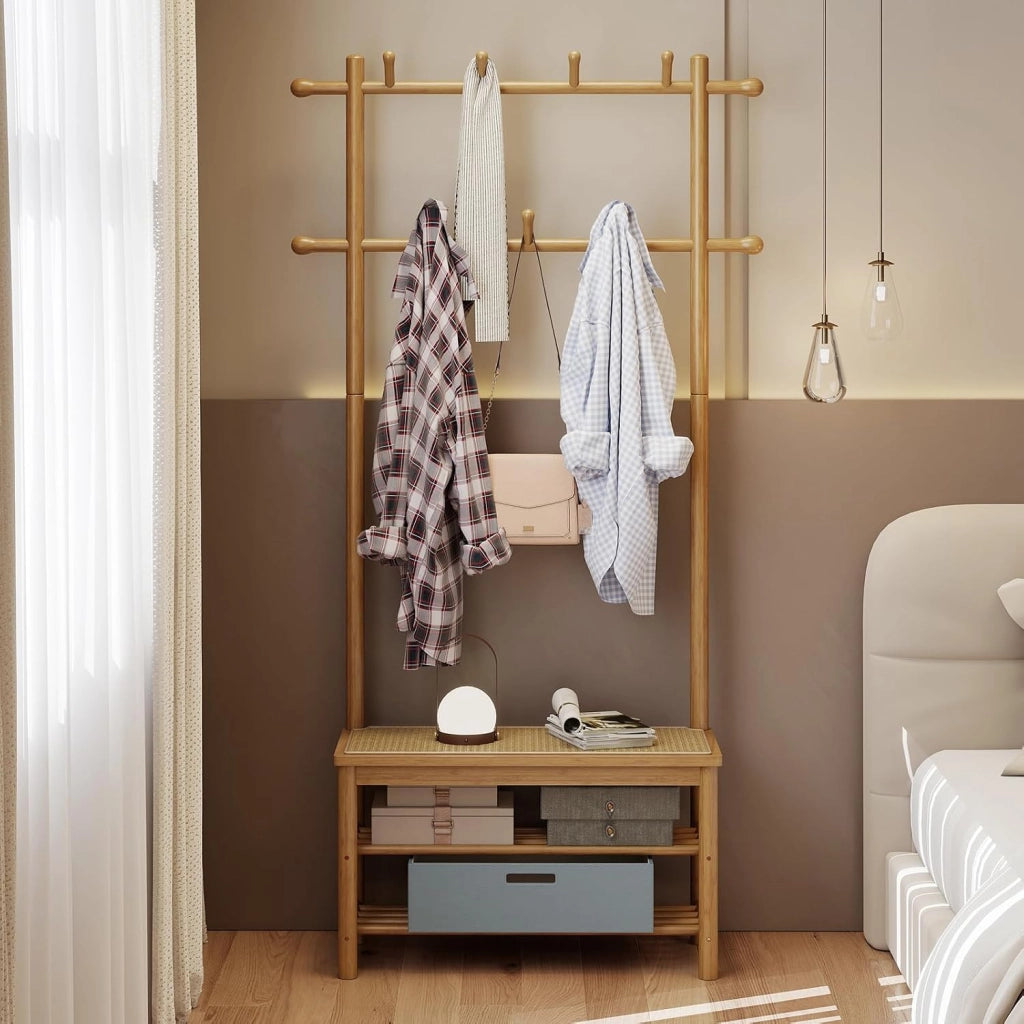 3 in 1 Appendiabiti da Terra in Bambù, Appendiabiti Salvaspazio con Scarpiera a 2 Ripiani, Panca in Rattan PE e 11 Ganci Arrotondati, Mobile Ingresso, 71 x 30 x 169,5 cm (Naturale)
