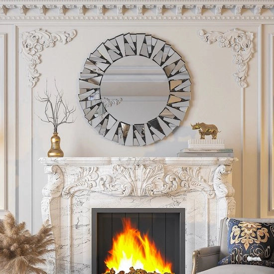 Specchio - Specchio da Parete - Specchio Rond - Specchio a Raggi Solari - Decorativo - Moderno - Vetro Argentato - Cerniere Sicure - Decorazione da Parete - Per Bagno - Salotto - Camera da Letto - 81.28cm/32inch - Argento