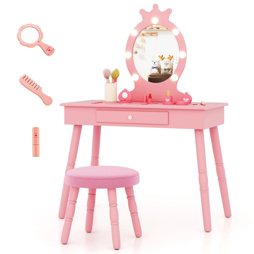 Set da trucco per bambini con specchio illuminato, Set di trucco per principesse con tavolo e sedia regolabili Rosa-Toelette per bimbi