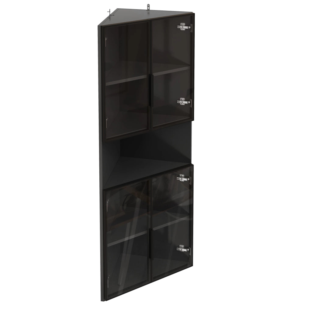 Vetrina angolare triangolare con LED e vano aperto con 2 ante in vetro per soggiorno in MDF nero 62 × 32 × 160 cm