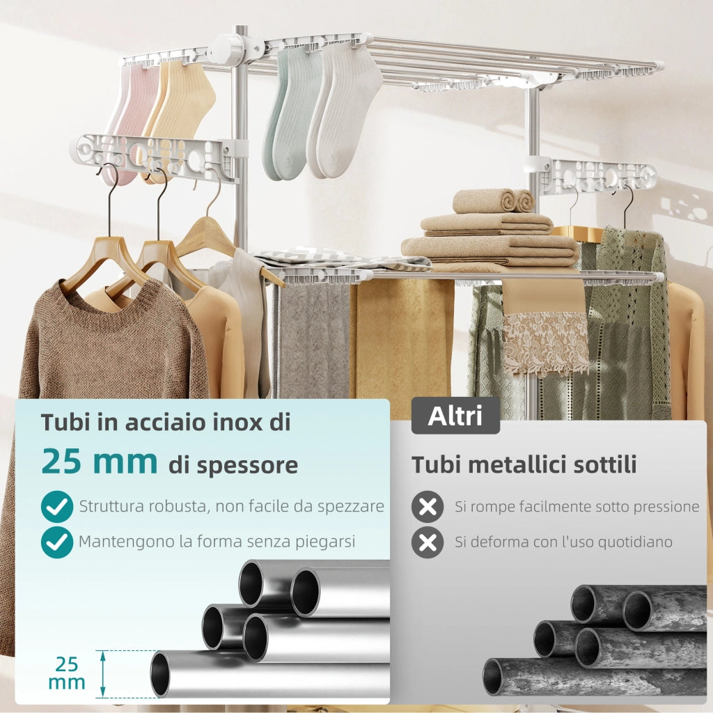 Stendino Verticale Pieghevole ¨C Zephmum ¨C Acciaio e Plastica, 6 Ruote, 4 Ripiani Regolabili, 142x55x172 cm