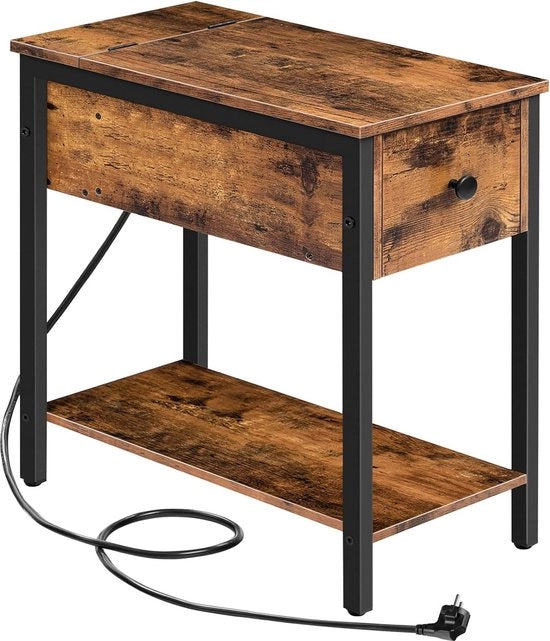 Tavolo supplementare con stazione di ricarica, comodino con prese e connessione USB, tavolo supplementare con cassetto, tavolo decorativo per spazi piccoli, soggiorno, camera da letto, tavolo in legno scuro EBF042BZ01