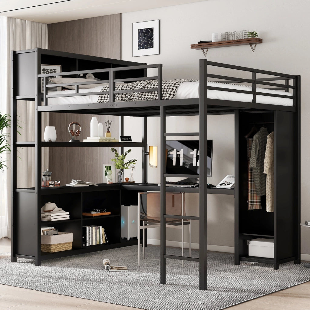 OKWISH Letto a Soppalco 140×200 cm, Letto Matrimoniale con Scrivania, Doppio Spazio Contenitore, Armadio e Vano Contenitore, senza Materasso, Nero