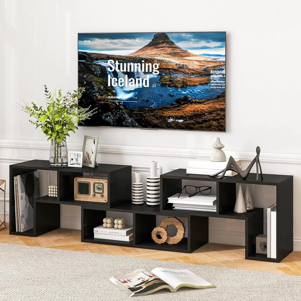 Mobile Porta TV Combinabile con Ripiani Aperti, per TV Fino a 65 Pollici, Mobile TV di Legno per Camera da Letto, Soggiorno, Capacità di Carico Massima 80 kg, 134-180 x 30 x 43 cm (Nero)