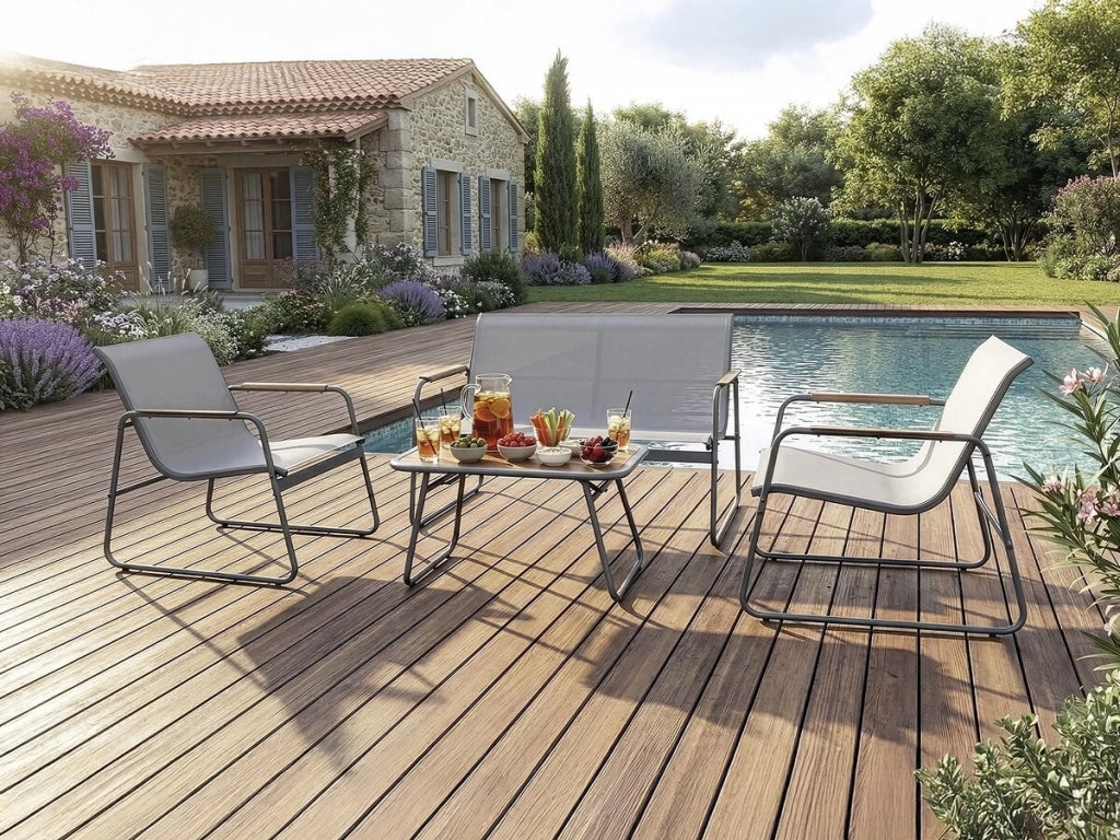 Set di mobili da giardino in metallo "Sparta" con decoro in finto legno - 4 posti - Grigio chiaro
