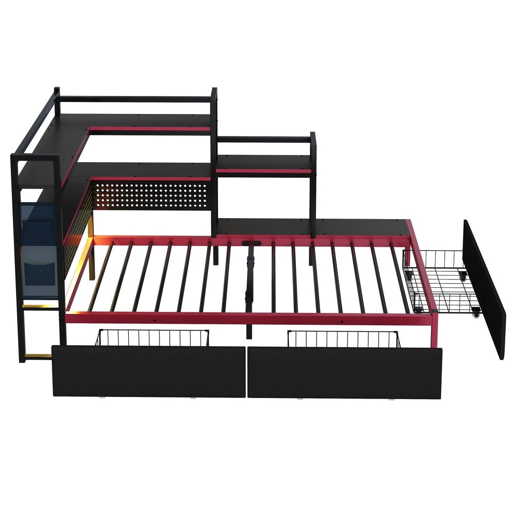 Letto Gaming con Cassetti, LED e Scaffali ¨C Xylo ¨C Metallo, Nero