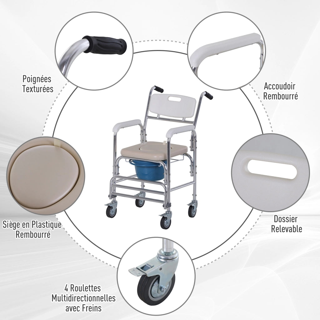 Sedia da doccia con ruote ¨C zephmum ¨C bianco, acciaio cromato, HDPE