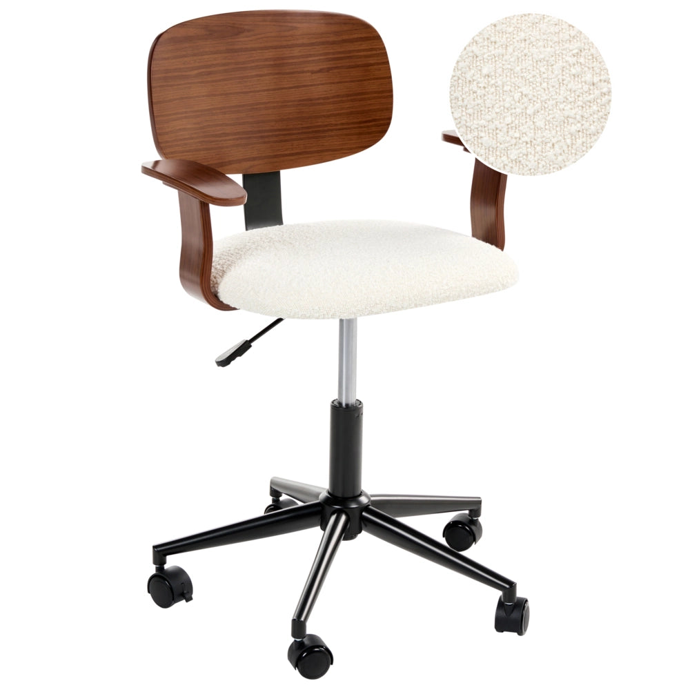 Sedia da ufficio marrone scuro e bianco sporco Seduta bouclé Funzione girevole regolabile Gambe in metallo Mobili da ufficio eleganti