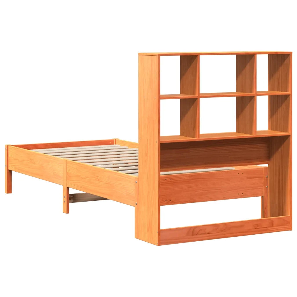 Letto Libreria senza Materasso-Struttura Letto con contenitore Marrone Cera 100x200 cm in Pino 994216