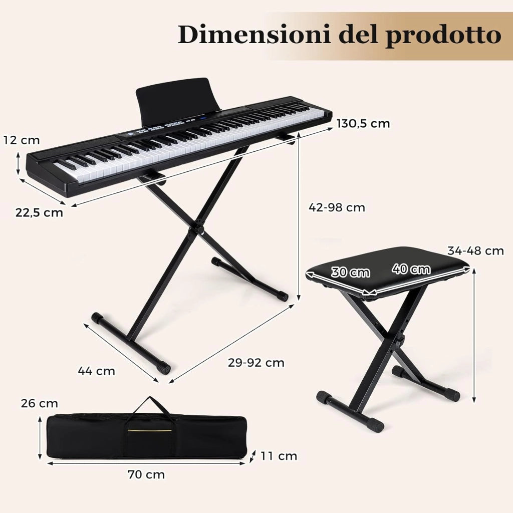 Tastiera Pianoforte Elettrico a 88 Tasti, Piano Digitale con Supporto e Sgabello Regolabili, Tastiera Sensibile, Tasti e Pulsanti Illuminati, Funzione MIDI, Pedale di Sustain, Cuffie (Nero)