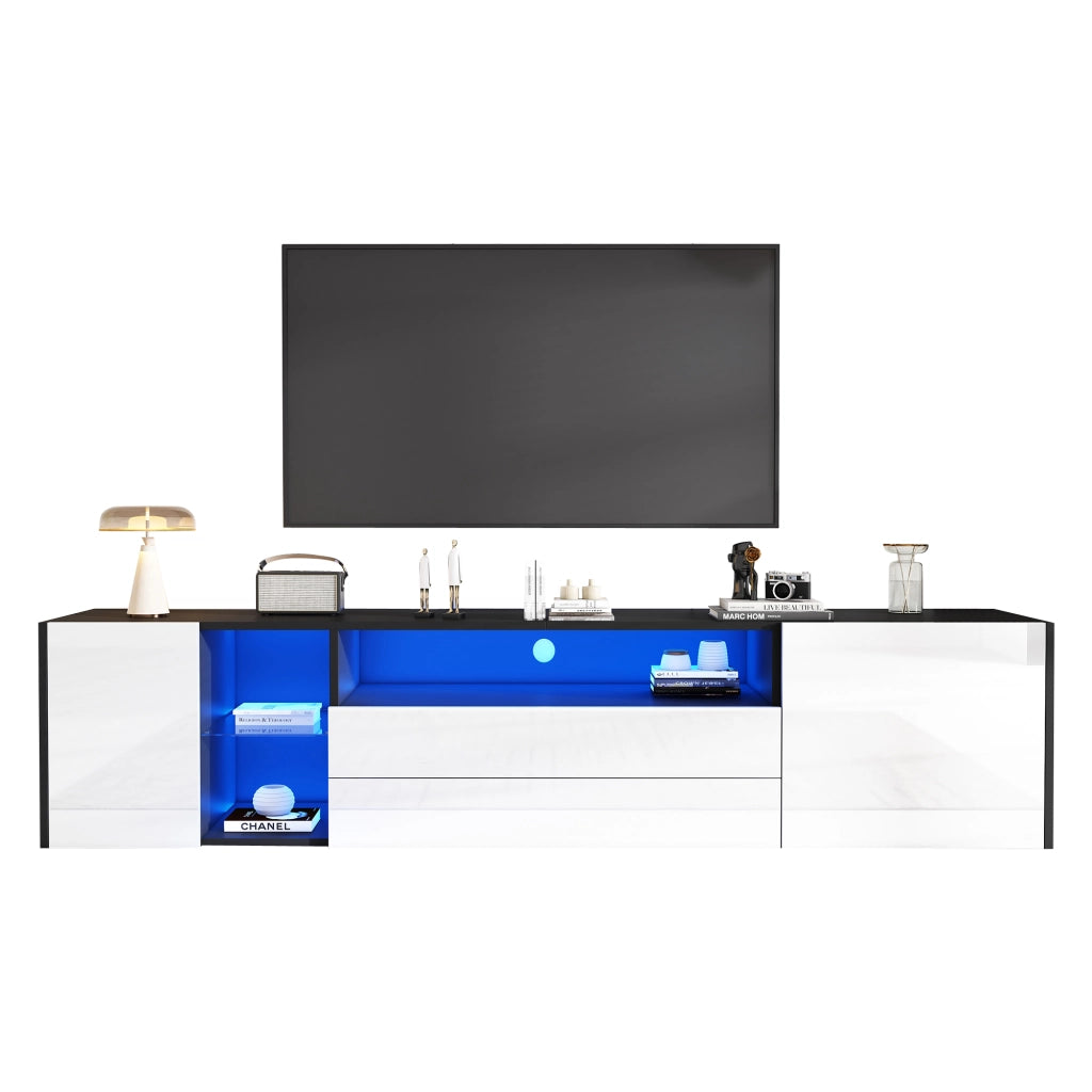 Mobile TV con 2 Cassetti; 2 Ante e LED; Frontale Lucido; Soggiorno; in Truciolare; Bianco e Nero; 180??40??45 cm