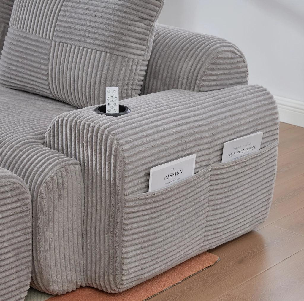 Divano modulare 2 posti in tessuto corduroy grigio chiaro; 200 cm; con portabicchieri e tasca laterale