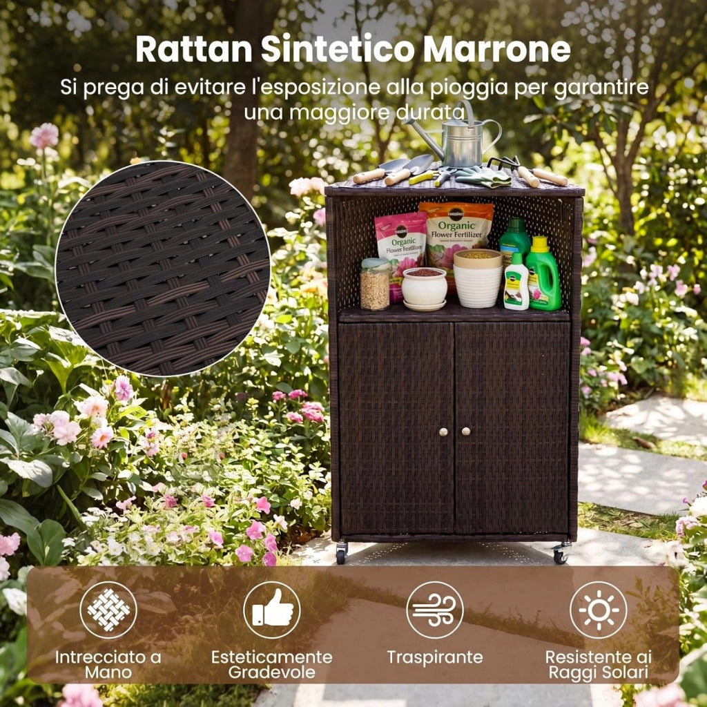 Armadietto da Esterno Angolare, Armadio da Esterno in Rattan PE con Ruote Bloccabili, 2 Ripiani Aperti e 2 Ante, Credenza da Cucina per Giardino, Piscina e Terrazza, 66 x 47 x 111 cm