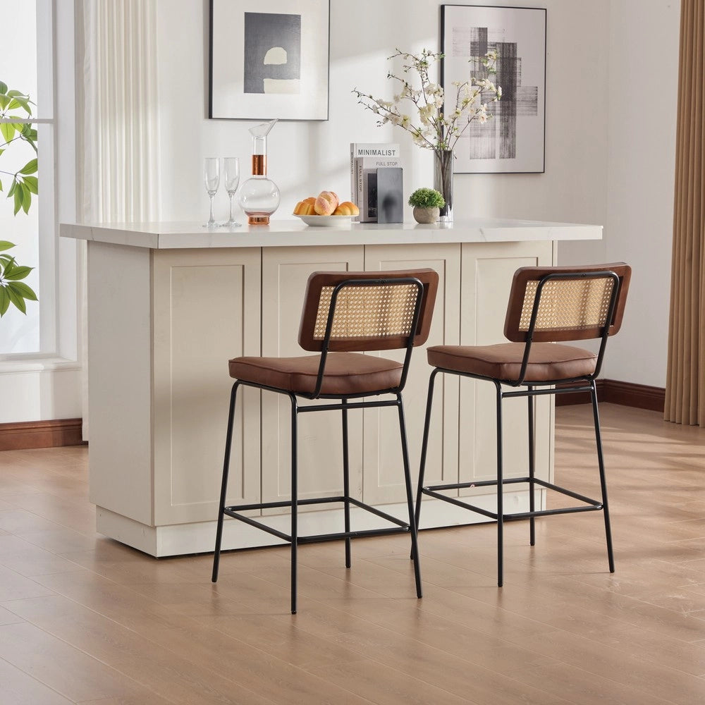Sgabello da Bar ¨C MINIMAL ¨C Marrone, Rattan, Gambe in Metallo, PU, Senza Braccioli, Set 2 Pezzi