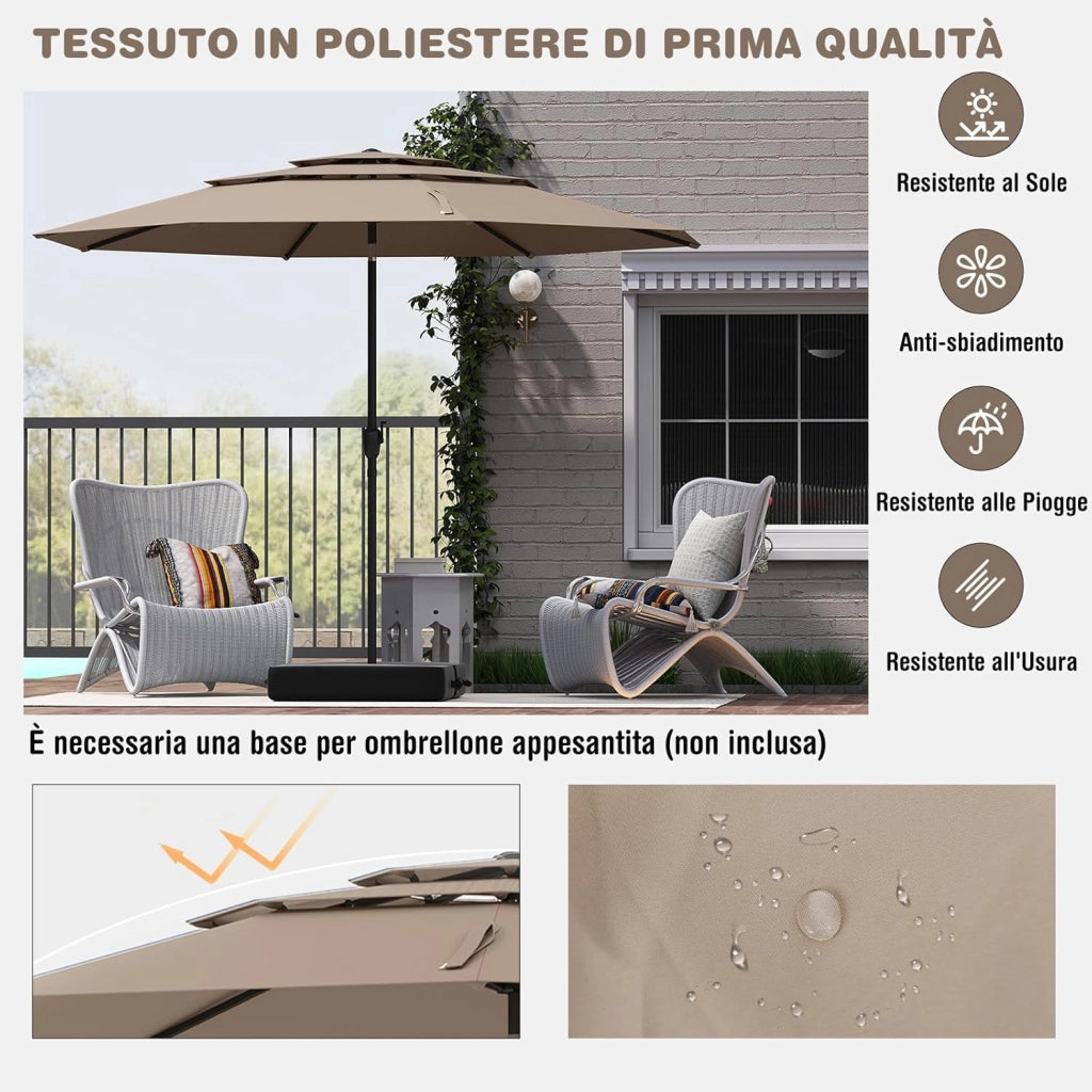 Ombrellone da Giardino 300 cm, Ombrellone Esterno con Inclinazione Regolabile, Ombrellone a 3 Livelli con Manovella 8 Stecche, per Giardino Piscina Cortile (Marrone)