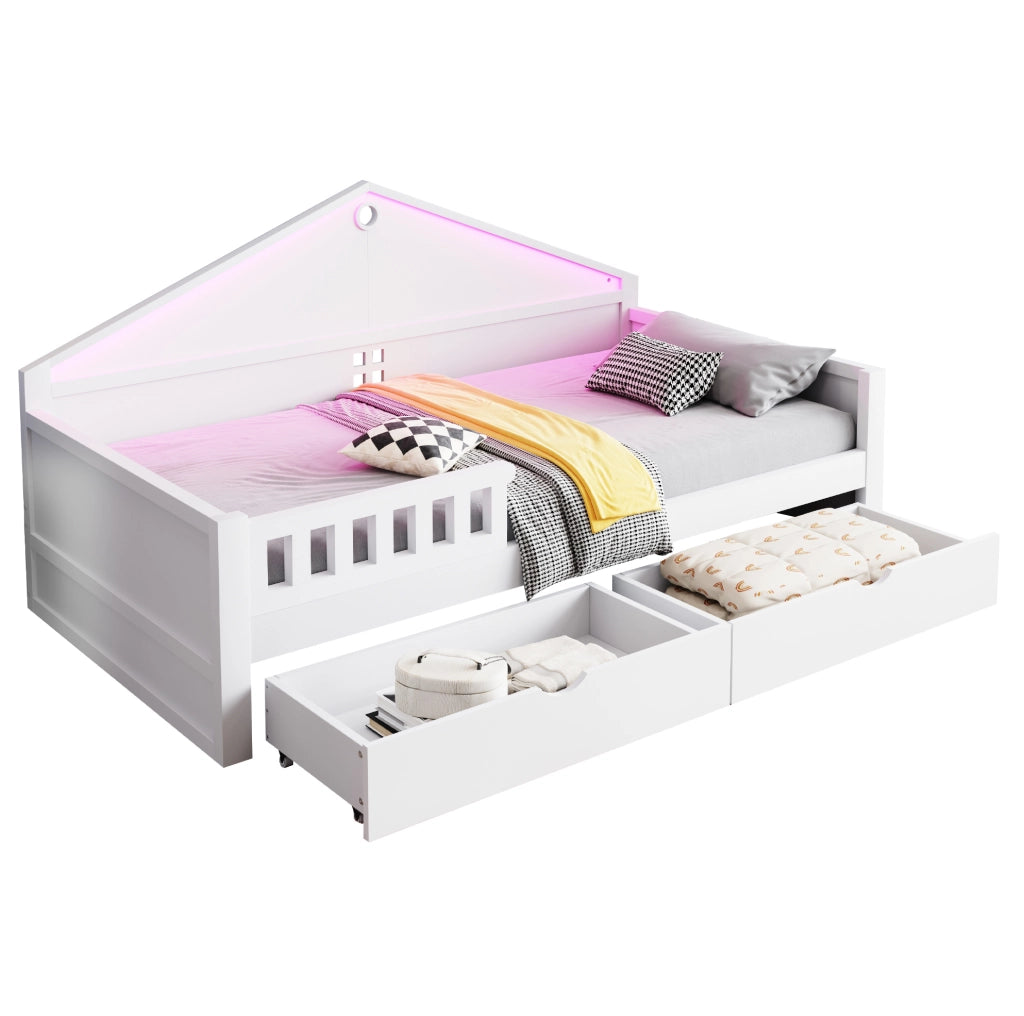 Letto singolo 90x200 cm in legno con LED e cassetti, base con rete a doghe, bianco