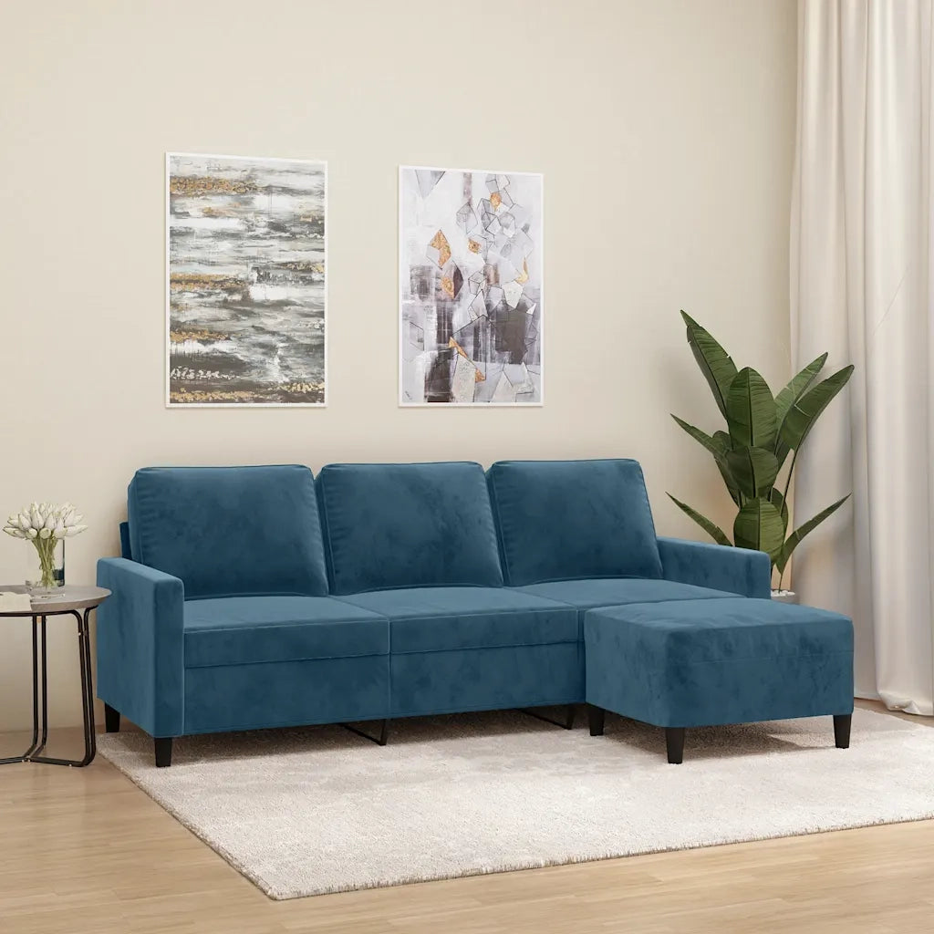 Divano a 3 Posti con Poggiapiedi Blu 180 cm in Velluto