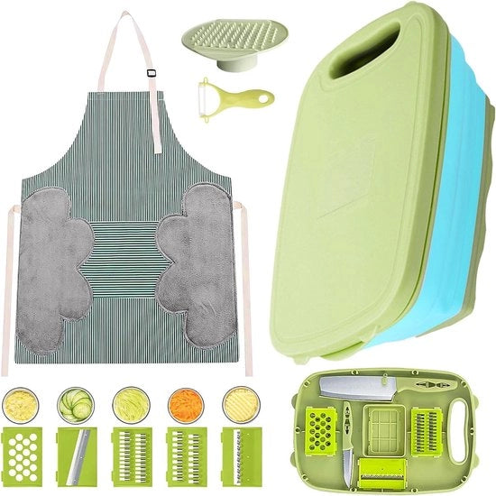 Set di taglieri multifunzionali 11 in 1: Tagliere pieghevole con setaccio Tagliere multifunzionale pieghevole Cassetto di stoccaggio per accessori camper Accessori camper per picnic all'aperto (Verde)