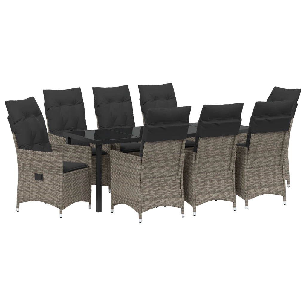 Set da Pranzo da Giardino 9 Pezzi con Cuscini Grigio Polyrattan