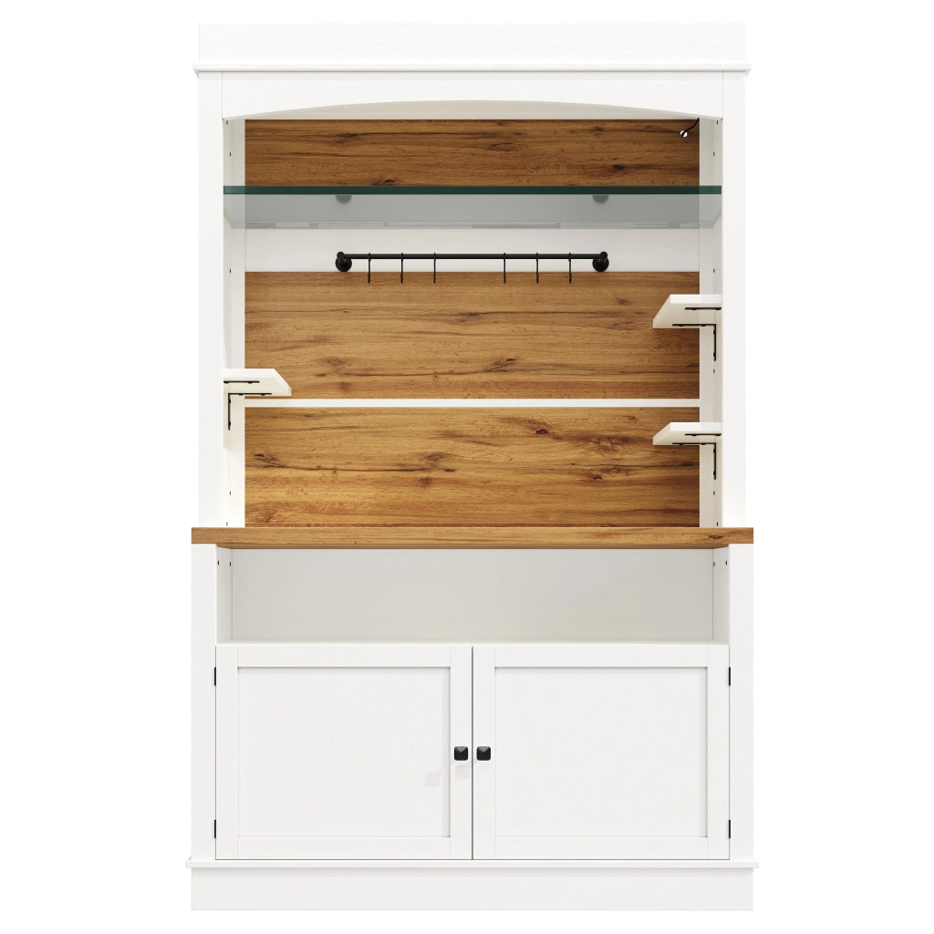 Credenza alta con vani aperti; 1 anta; 6 ganci e LED per cucina; in MDF e metallo; bianco; 107×34×184 cm