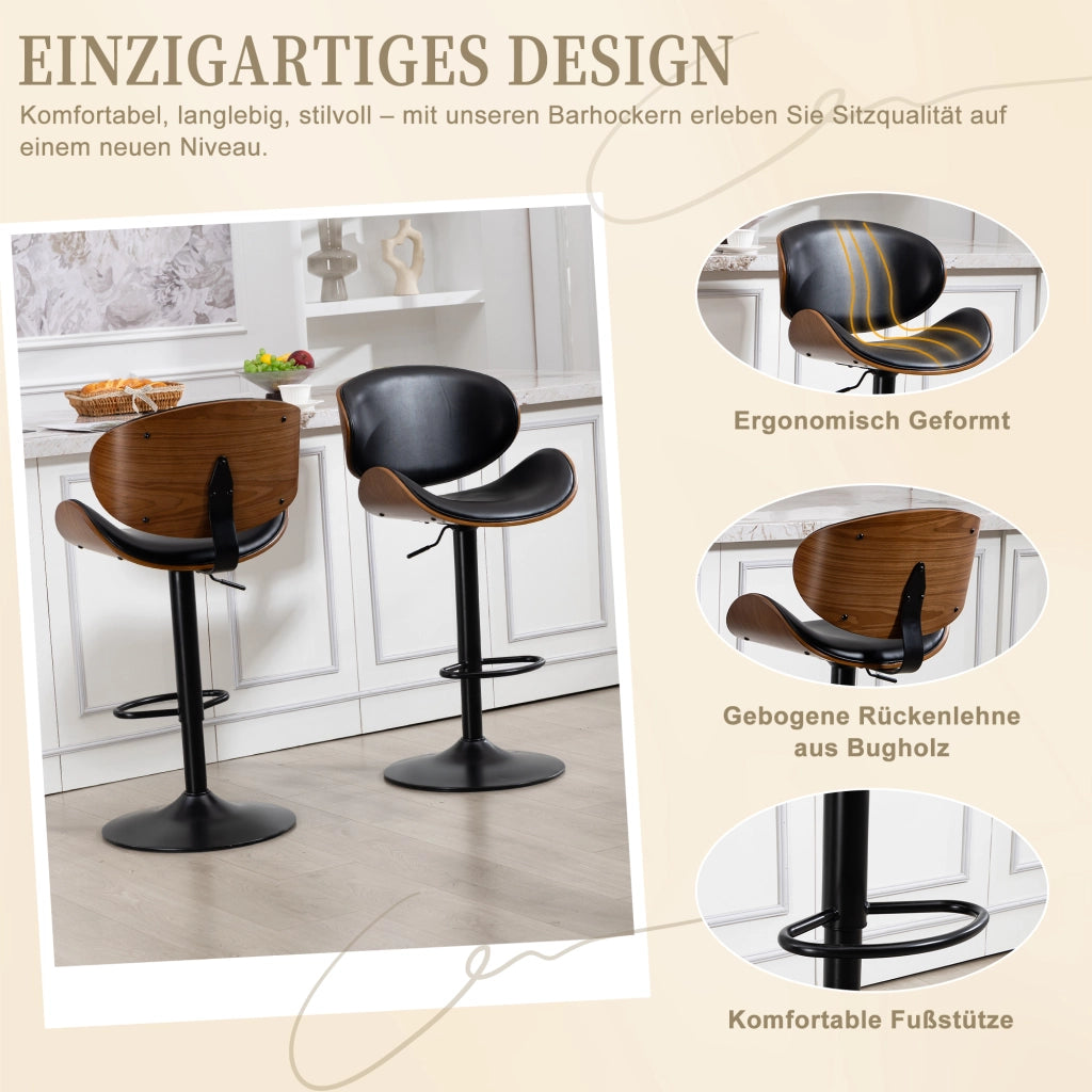 Sgabello da bar girevole con schienale e altezza regolabile in similpelle PU; per cucina e bar; 51 × 50 × 93-103.5 cm