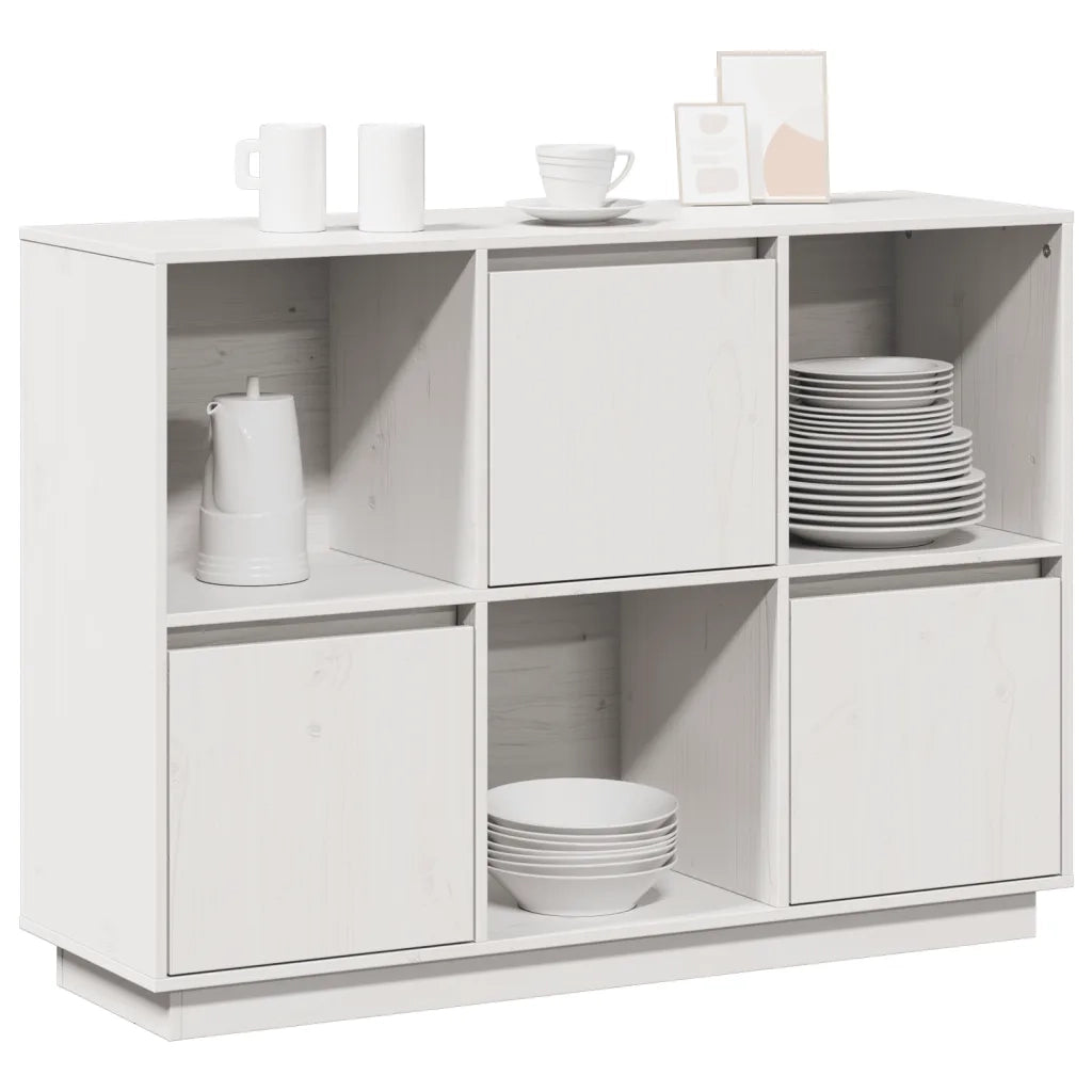 Credenza Bianca 110,5x35x80 cm in Legno Massello di Pino 814355