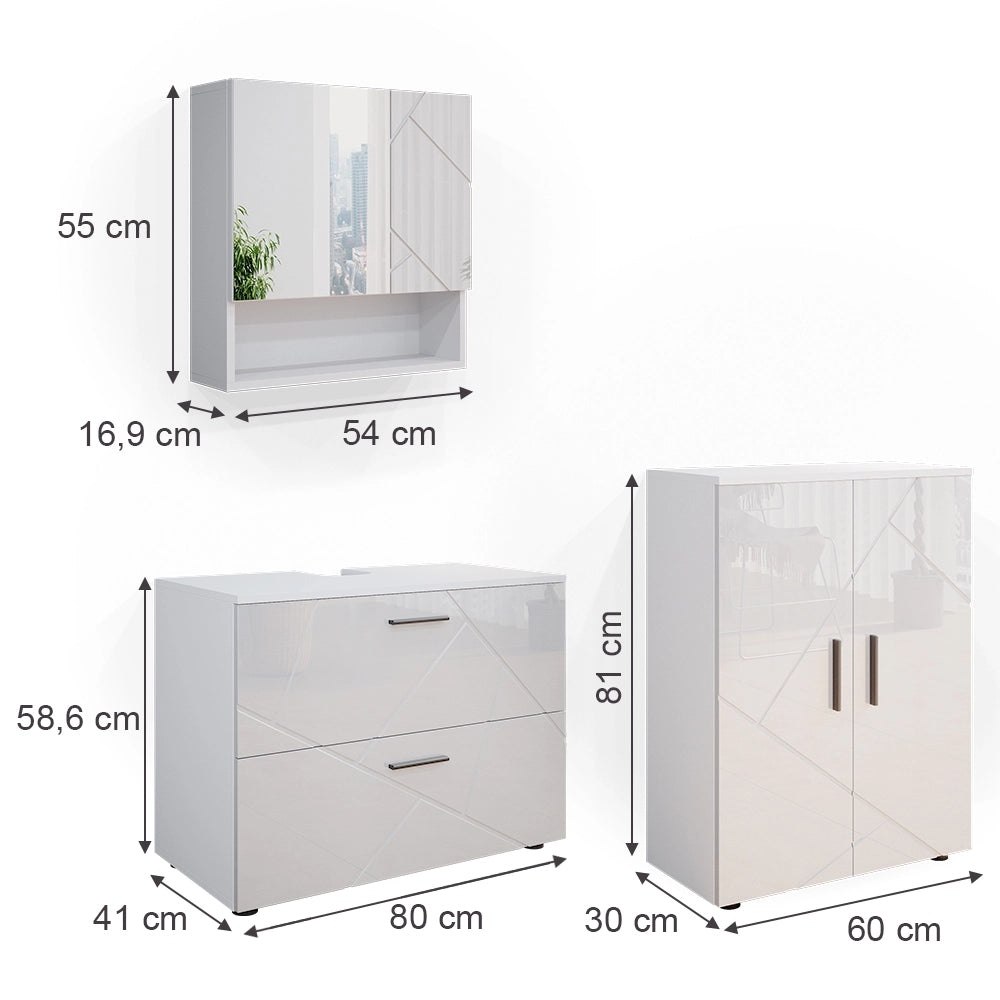 Vicco Set mobili bagno Bianco lucido 3 pezzi, con base 80 cm