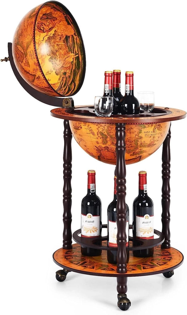 Porta Bottiglie di Vino con Ruote, Mappamondo Bar, Portabottiglie Vino in Legno Eucalipto, Carrello da Bar, Mini Bar con Ruote a Stile Classico (45 x 45 x 88 cm, beige)