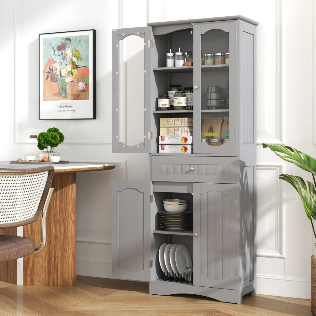 Armadio da bagno alto-Mobiletto da bagno 160cm con 2 porte in vetro 2 ripiani regolabili e 1 cassetto, Mobile autonomo per cucina Grigio