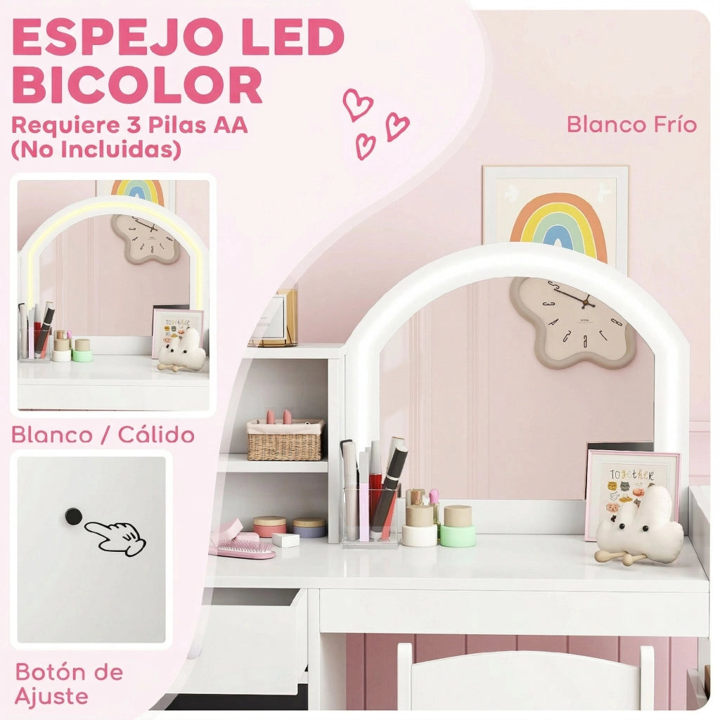 Tocador de Maquillaje per Bambini con Specchio LED e Cassetto ¨C Zephmum ¨C Bianco