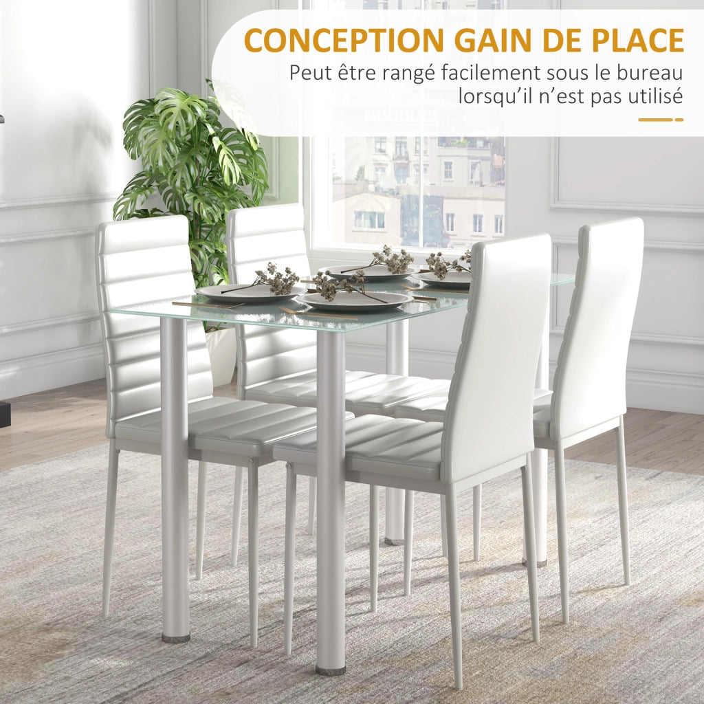 Set tavolo da pranzo con 4 sedie ¨C Xylo ¨C Piano vetro temperato gambe acciaio bianco