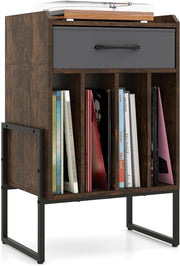 Supporto per Giradischi, Mobile Giradischi in Legno con Cassetto in Tessuto e 4 Scomparti, per fino a 160 Dischi in Vinile, Scaffale per Dischi in Stile Retrò per Soggiorno e Camera da Letto