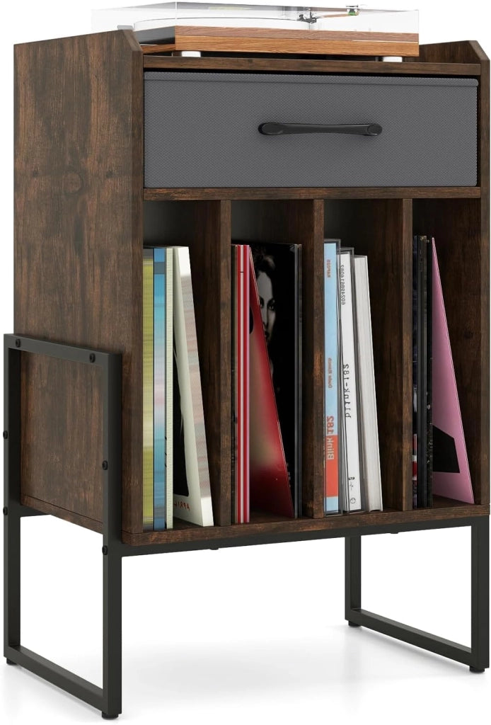 Supporto per Giradischi, Mobile Giradischi in Legno con Cassetto in Tessuto e 4 Scomparti, per fino a 160 Dischi in Vinile, Scaffale per Dischi in Stile Retrò per Soggiorno e Camera da Letto