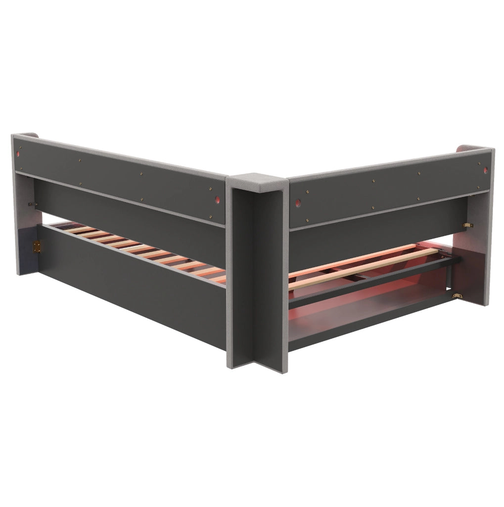 Divano letto imbottito 217x155.5x85 cm con vano contenitore; prese; LED; legno; grigio chiaro