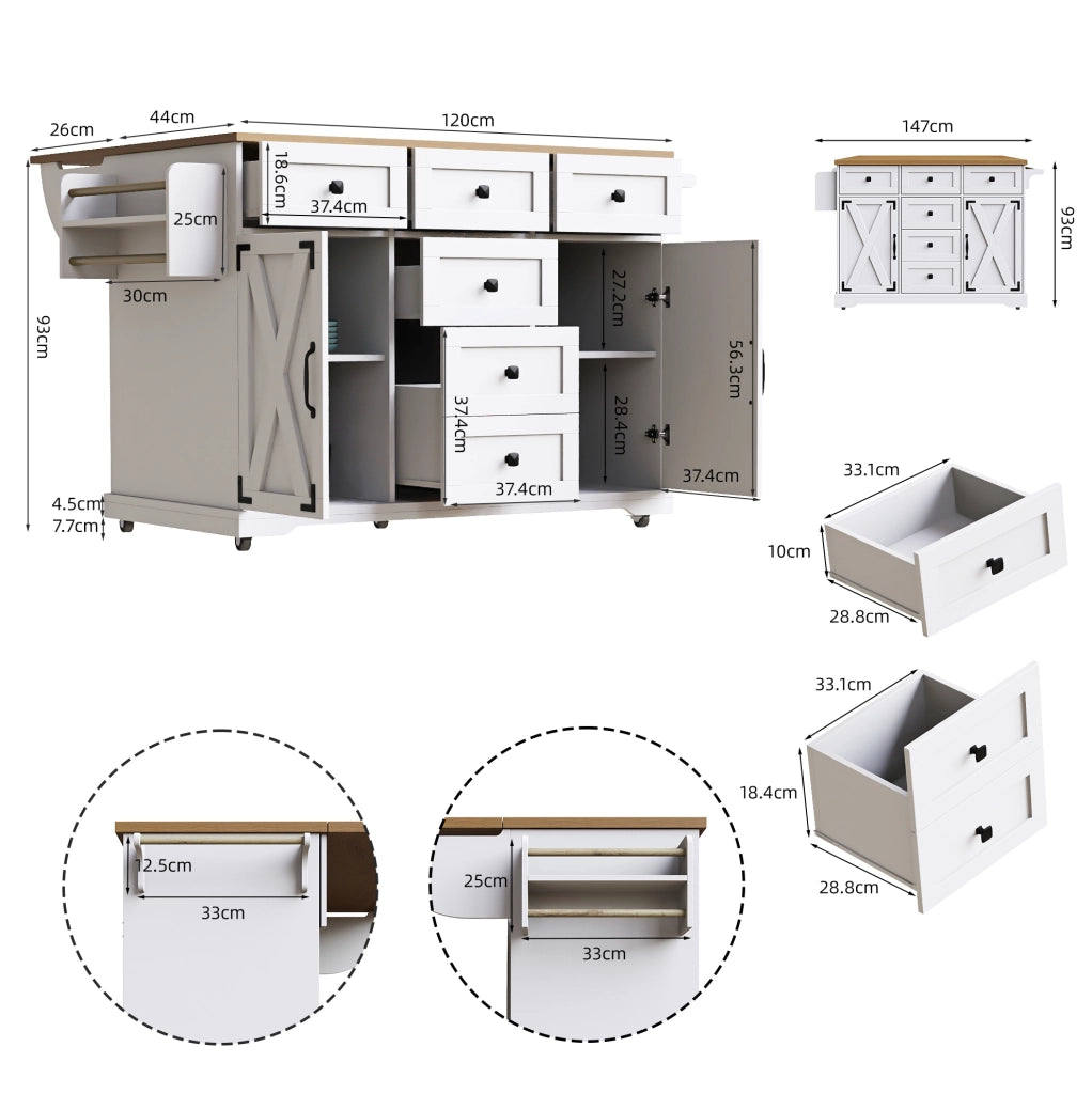 Isola da cucina pieghevole in MDF e metallo bianca