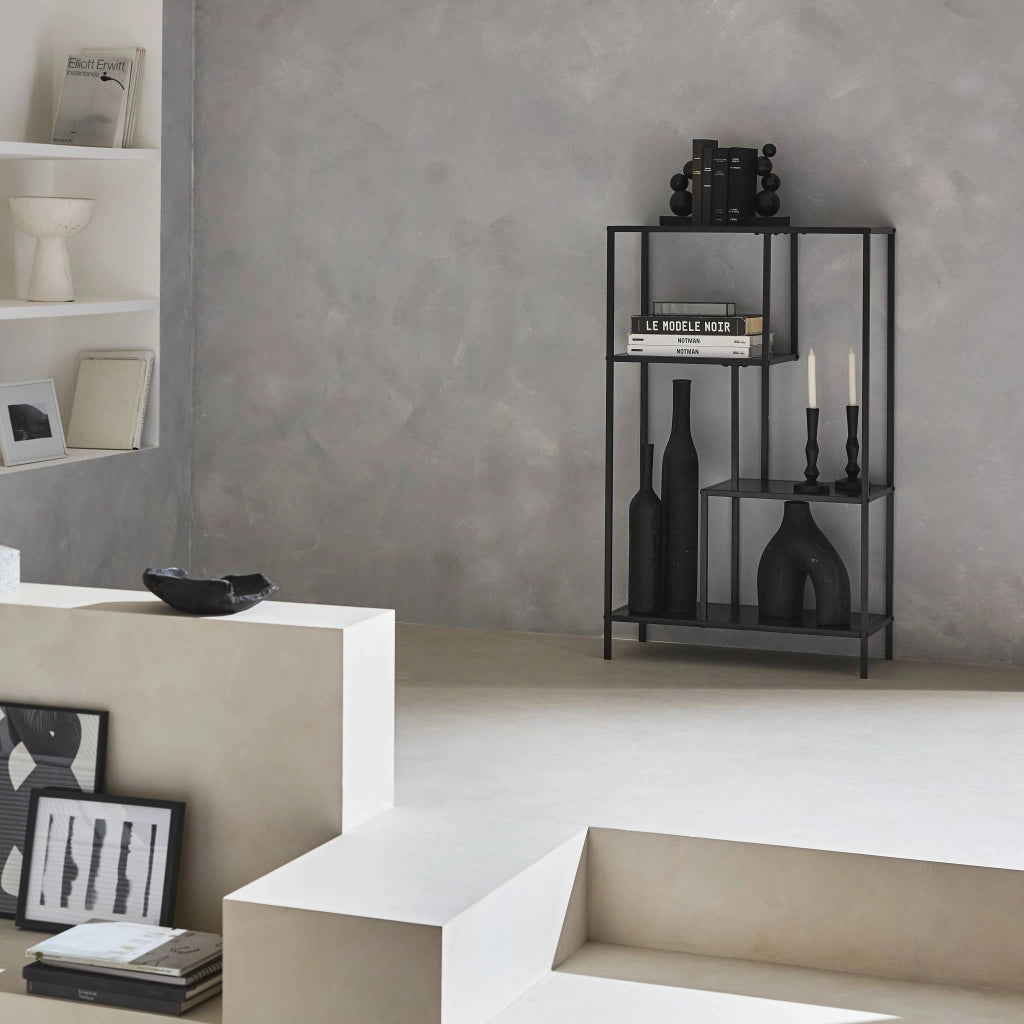 Libreria asimmetrica in metallo nero con 4 ripiani, nero