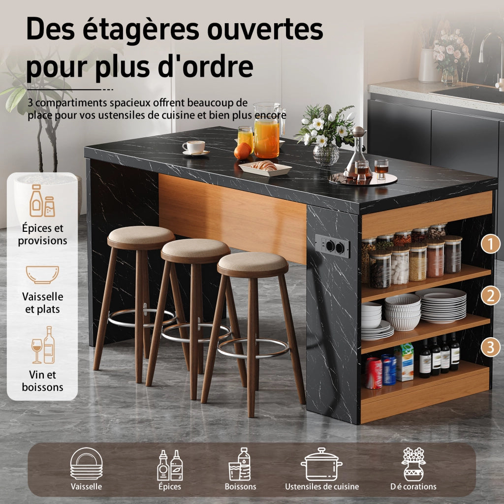 Carrello da cucina con 3 vani aperti; prese 2 AC 2 USB e LED; per cucina e sala da pranzo; 155 × 80 × 90 cm