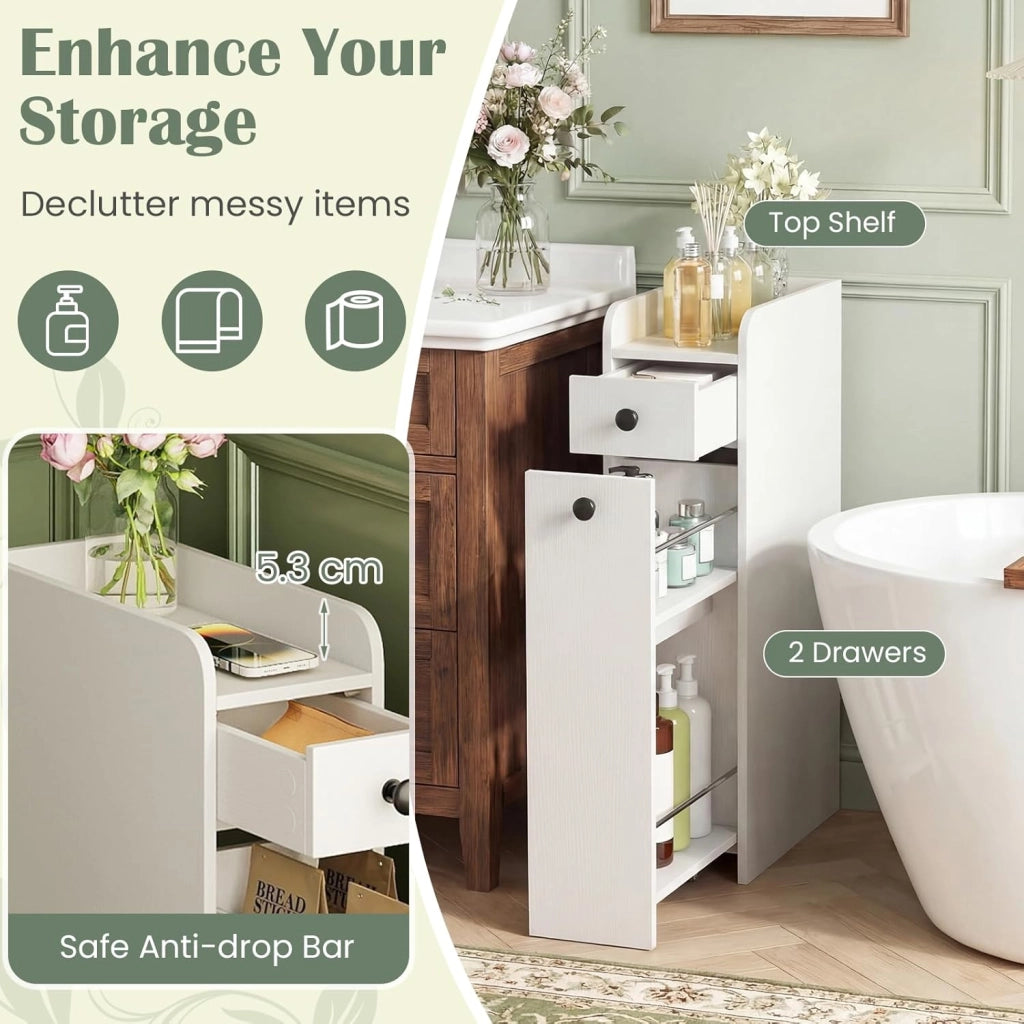 Armadietto da Bagno Stretto, Mobile Salvaspazio da Terra con 2 Ruote e 2 Cassetti Estraibili, Carrello Portaoggetti in Legno per Cucina e Lavanderia, 40 x 18 x 70 cm
