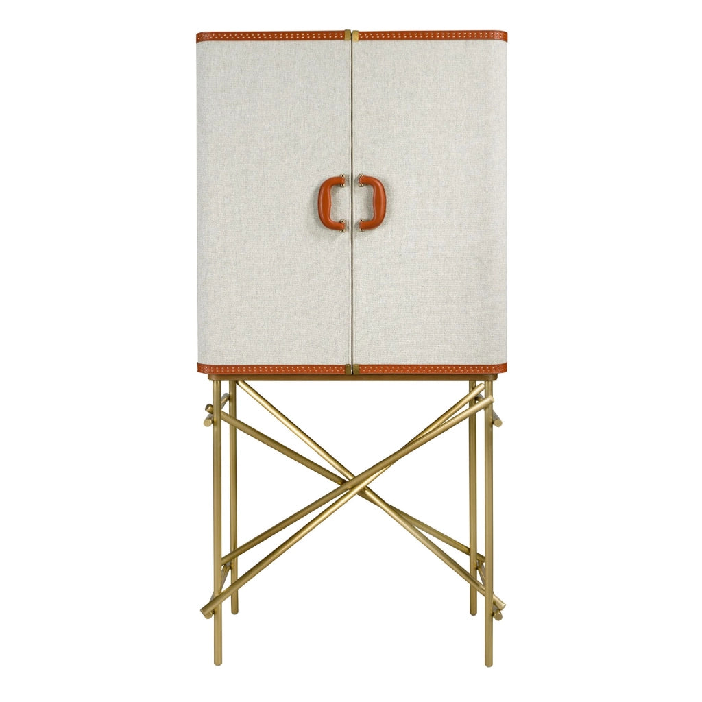 Credenza alta, tessuto, noce e acciaio lucido dorato