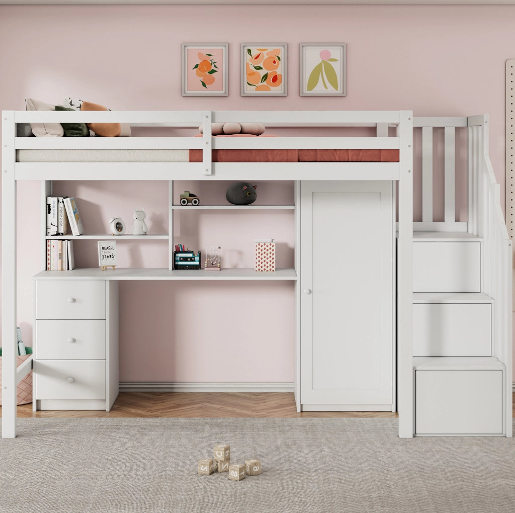Letto a castello 90x200 cm con scrivania e armadio bianco