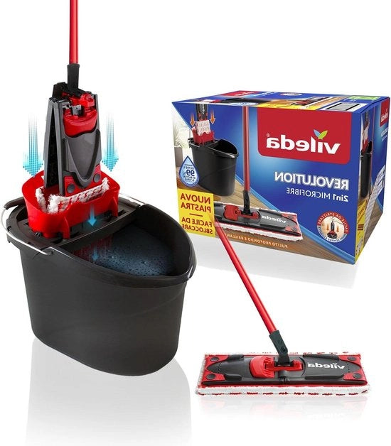 Imbottigliatore per pavimenti con secchio - microfili per tutti i tipi di pavimento - manico - nero/rosso - 40 x 283 x 285 cm - 3 pezzi set di secchio e spazzola.