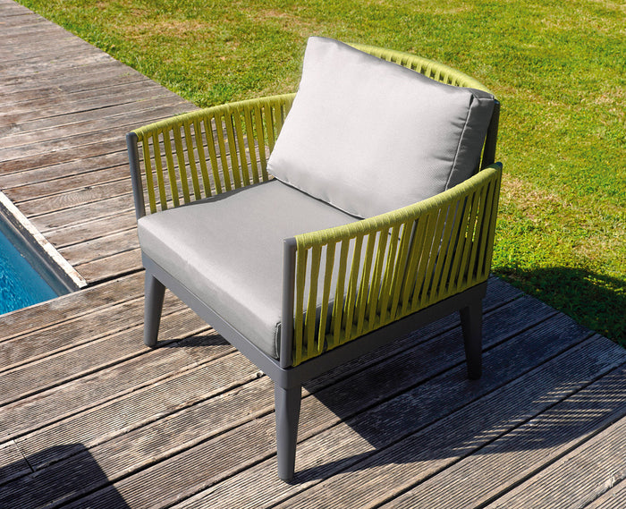 Set Salotto da Giardino Divano 2 Poltrone e Tavolino Nimes con Cuscini in Alluminio e Corda Verde e Grigio